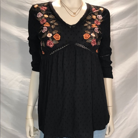 Tops - Long Sleeve Bohemian Embroidered Shirt, Black